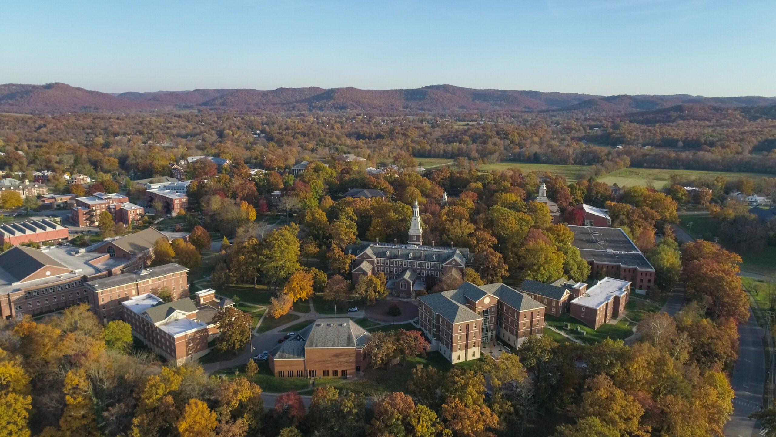 An aerial view of Berea's campus in the fall.